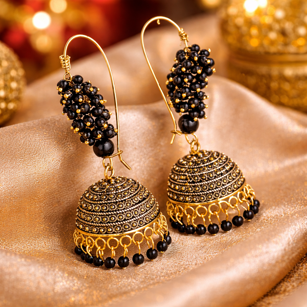 Black Bead Antique Jhumka Earrings