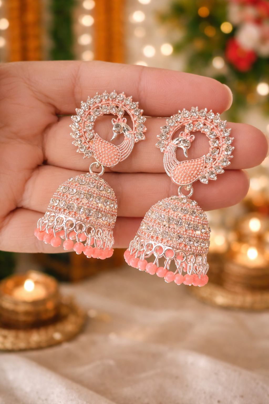 Peach Peacock Jhumka Earrings