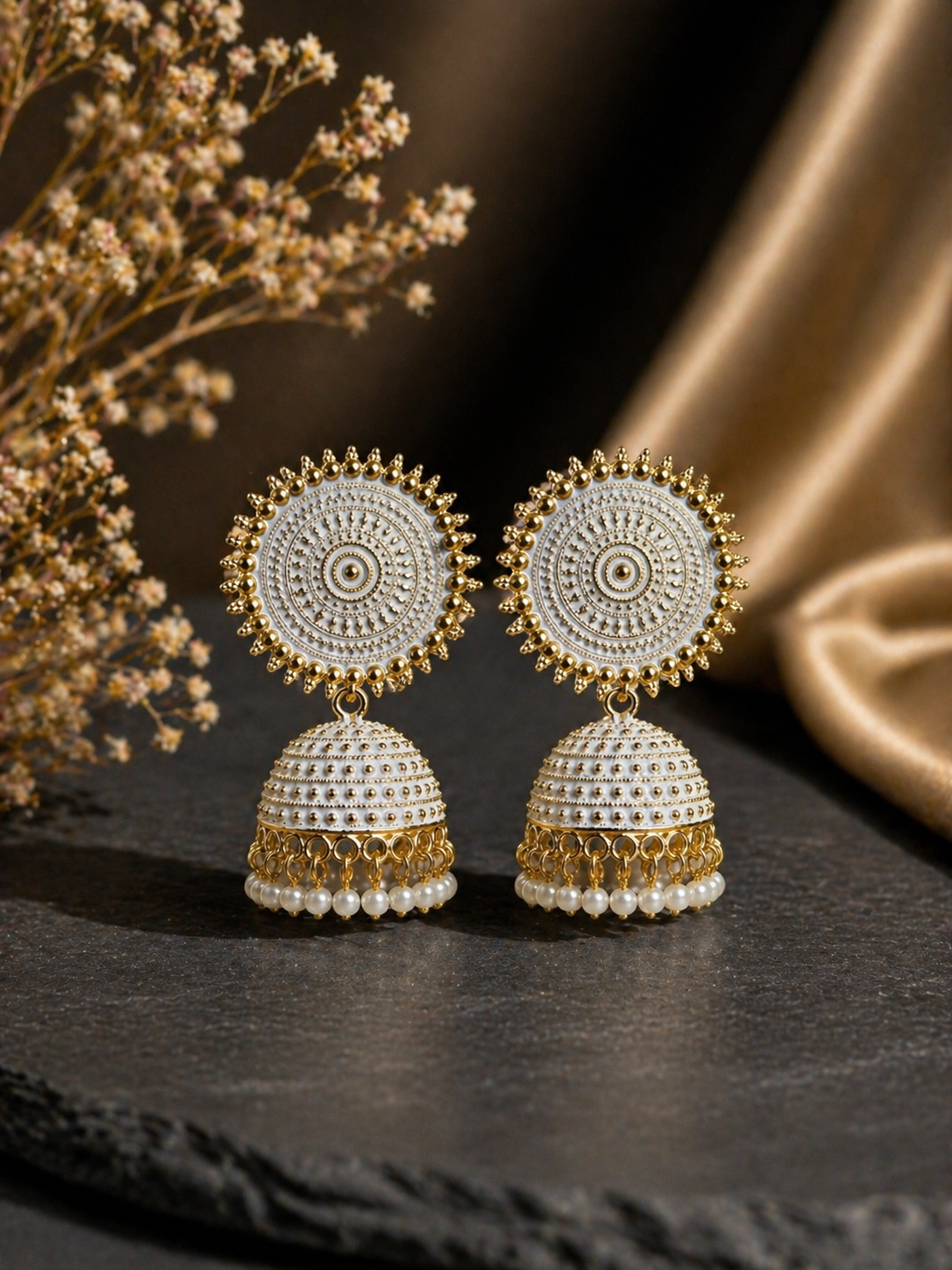 White Mandala Jhumka Earrings