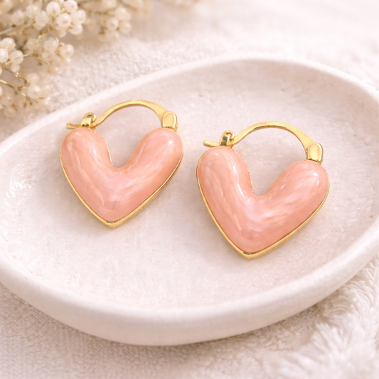 Peach Pink Heart Hoop Earrings