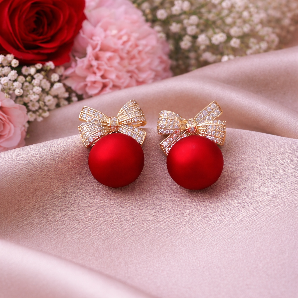 Buy Red Bow Pearl Drop Earrings