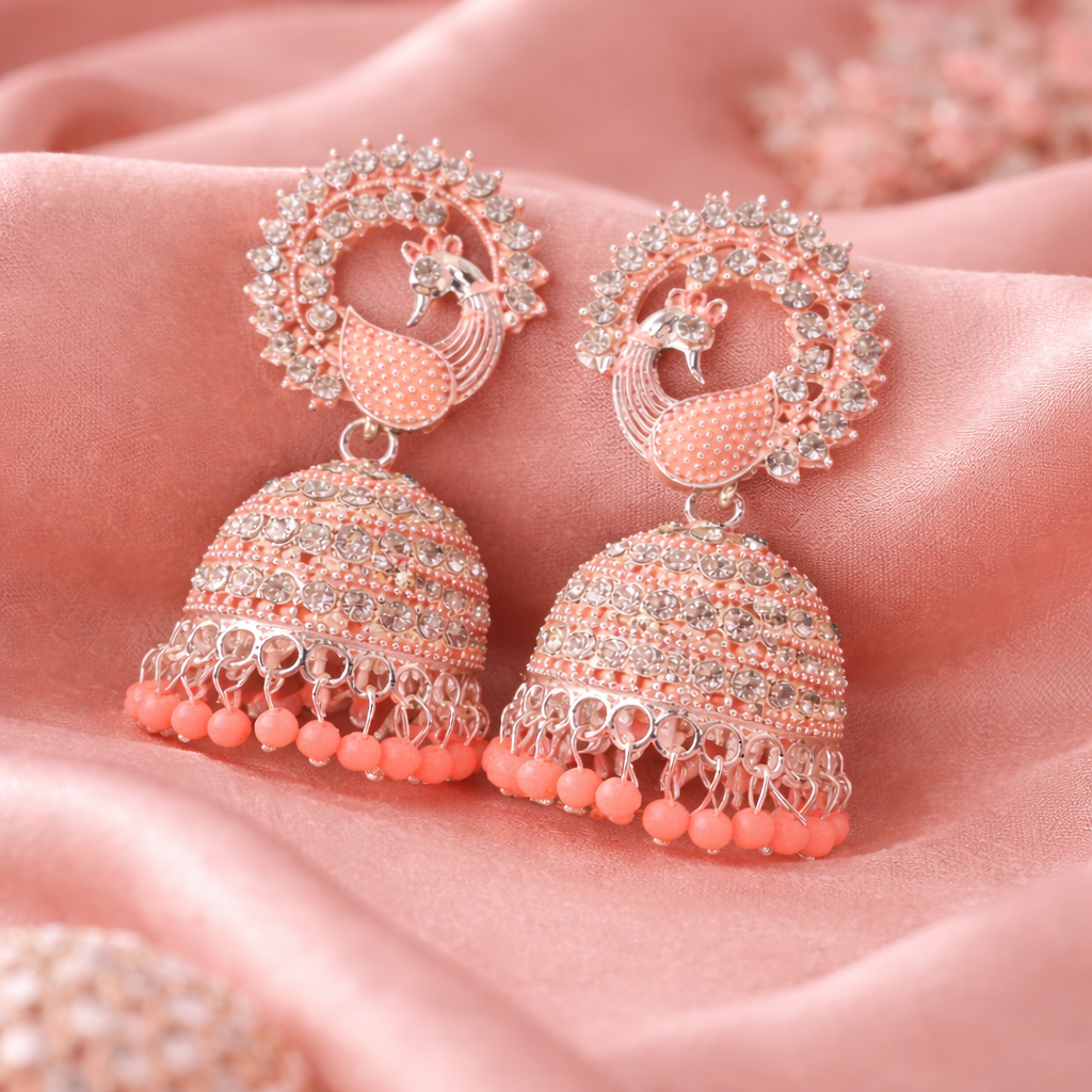 Peach Peacock Jhumka Earrings