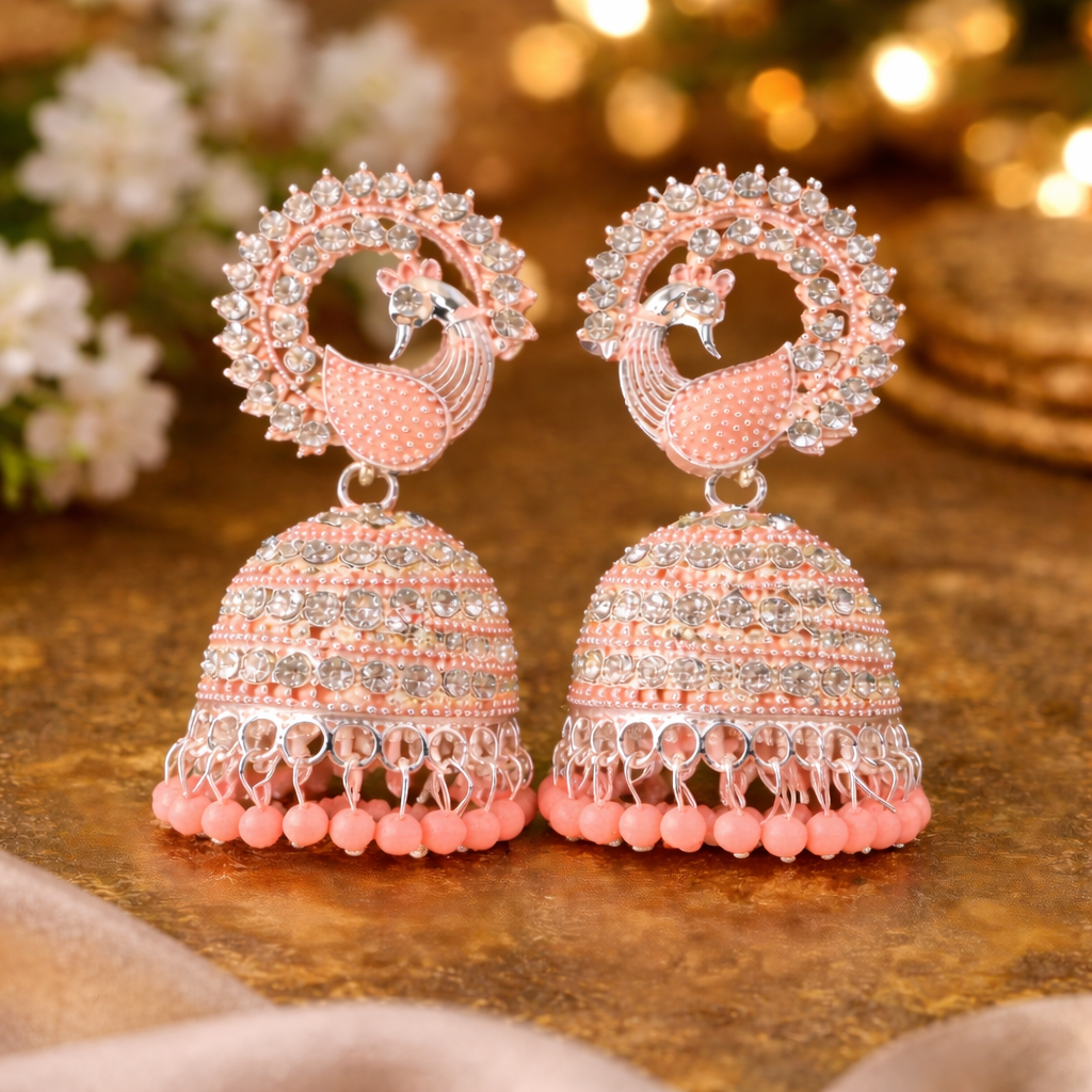 Peach Peacock Jhumka Earrings