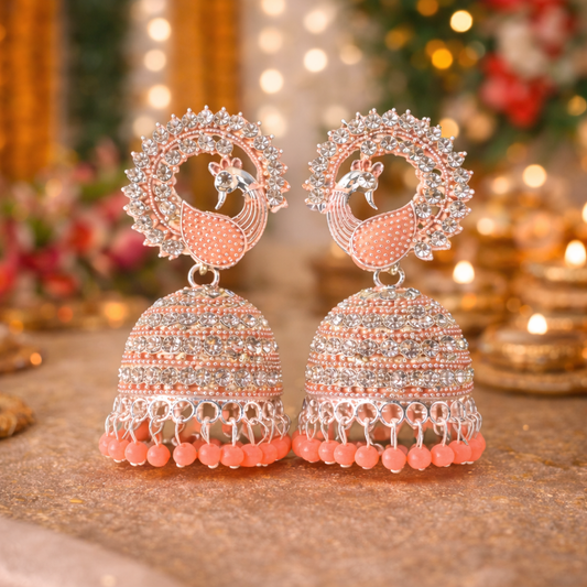 Peach Peacock Jhumka Earrings