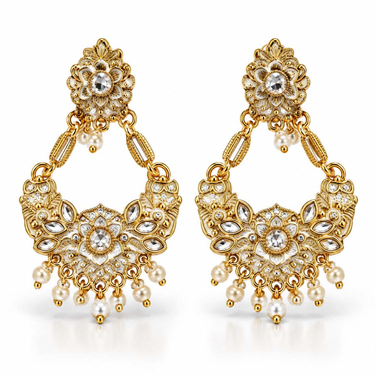 Golden Floral Pearl Jhumka Earrings