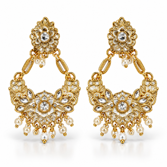 Golden Floral Pearl Jhumka Earrings