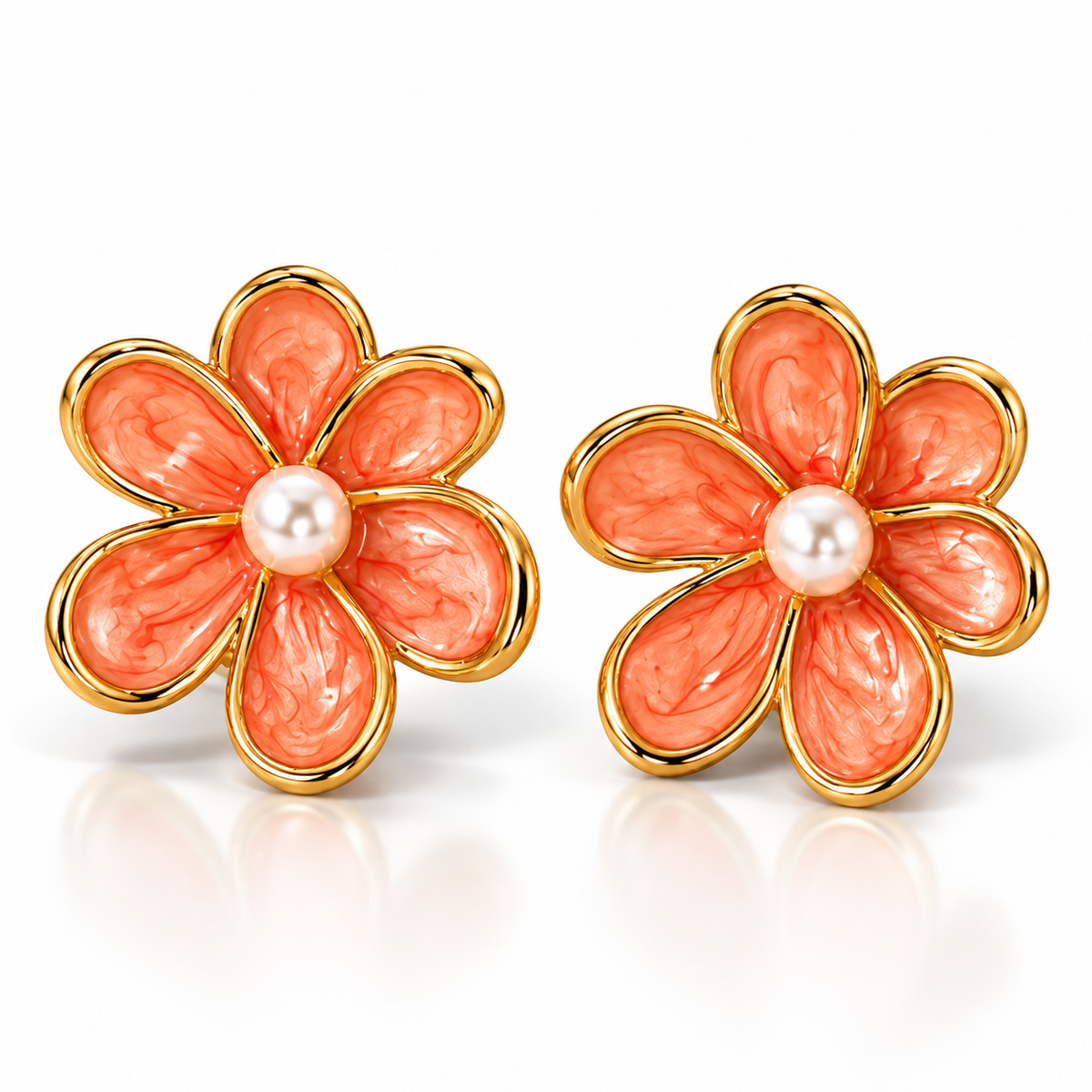 Coral Pearl Flower Stud Earrings
