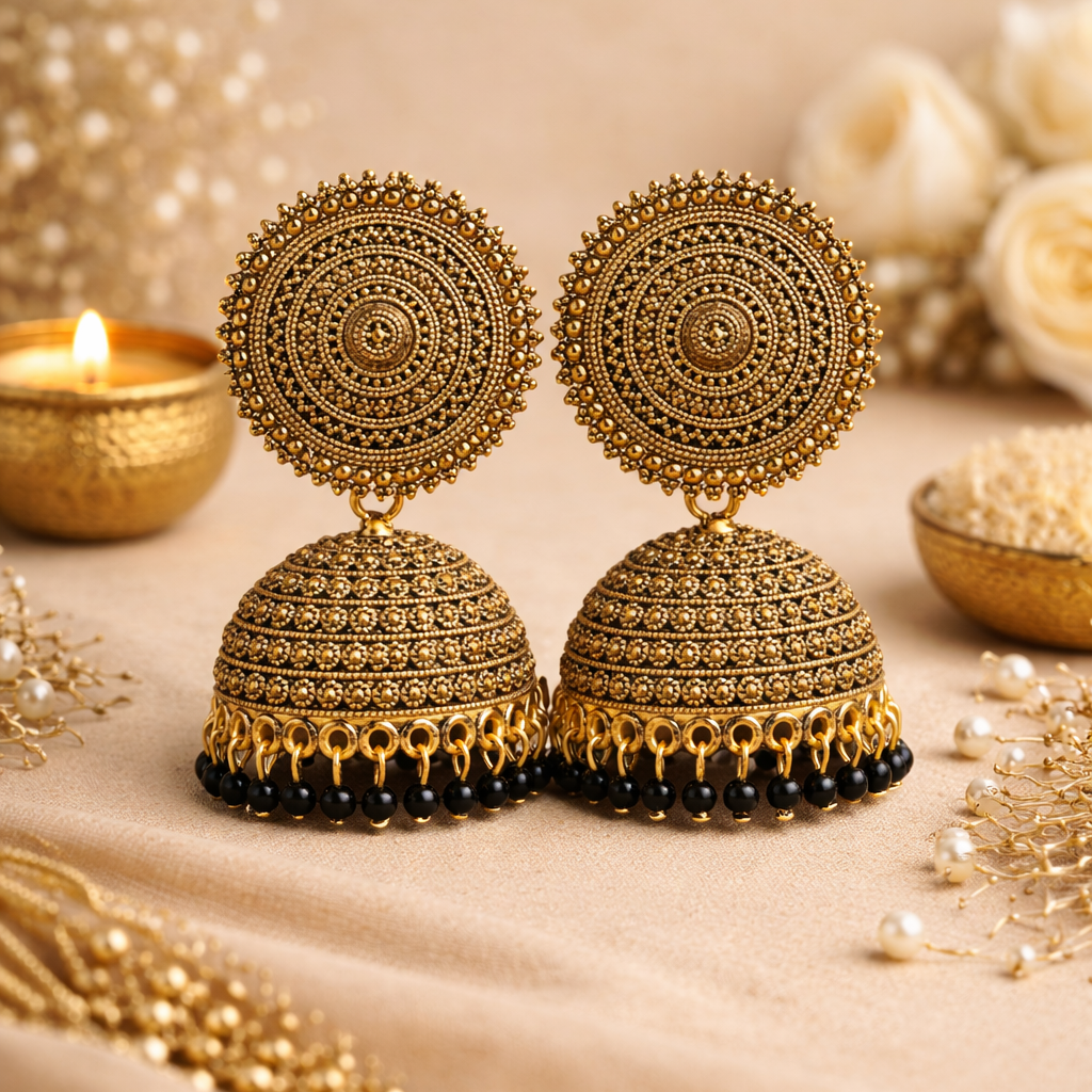 Royal Mandala Jhumka Earrings (black and white bead)