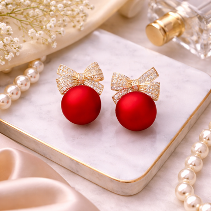 Red Bow Pearl Drop Earrings