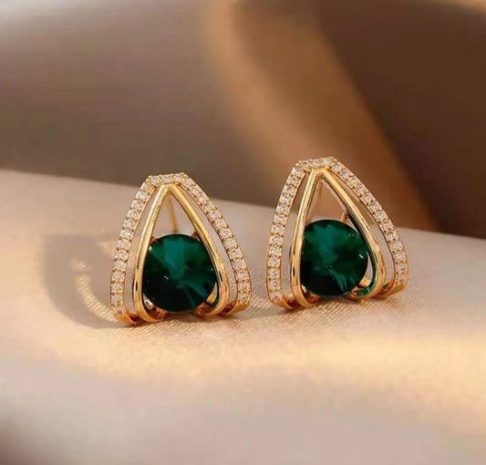Emerald Glow Triangle Stud Earrings