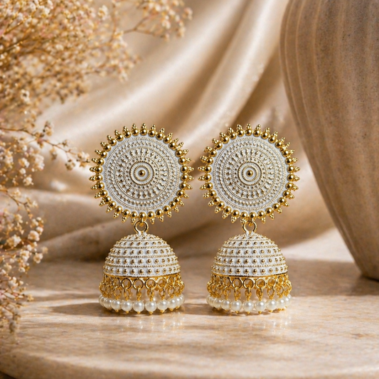 White Mandala Jhumka Earrings