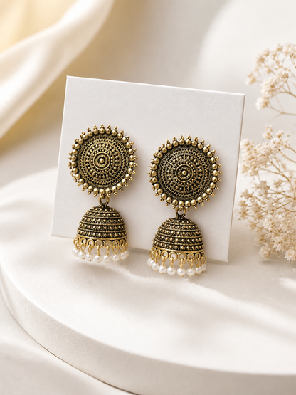 Royal Mandala Jhumka Earrings (black and white bead)